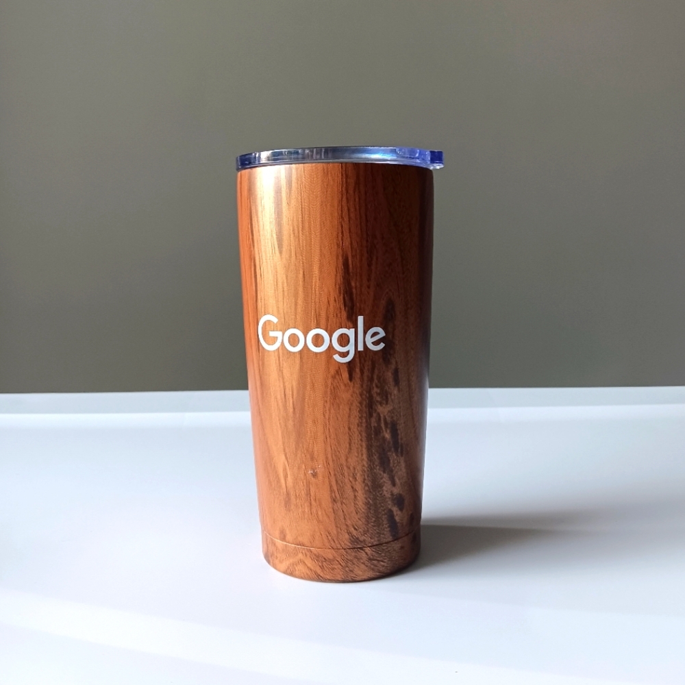 Google Travel Coffee Tumbler Mug Brown Faux Wood Clear Lid